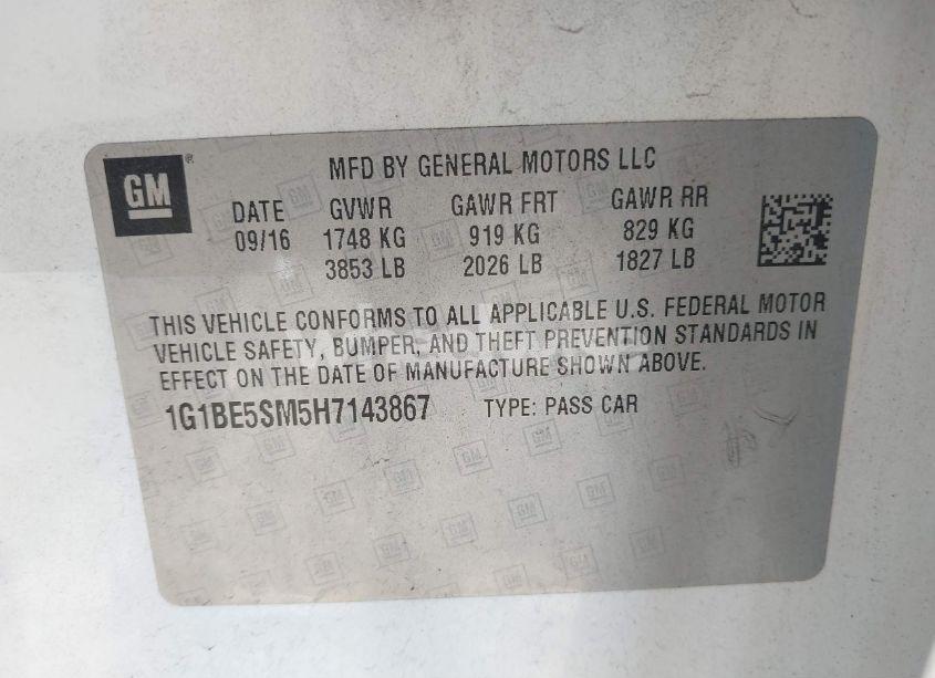 Photo 9 of 2017 Chevrolet Cruze LT AUTO (VIN 1G1BE5SM5H7143867)