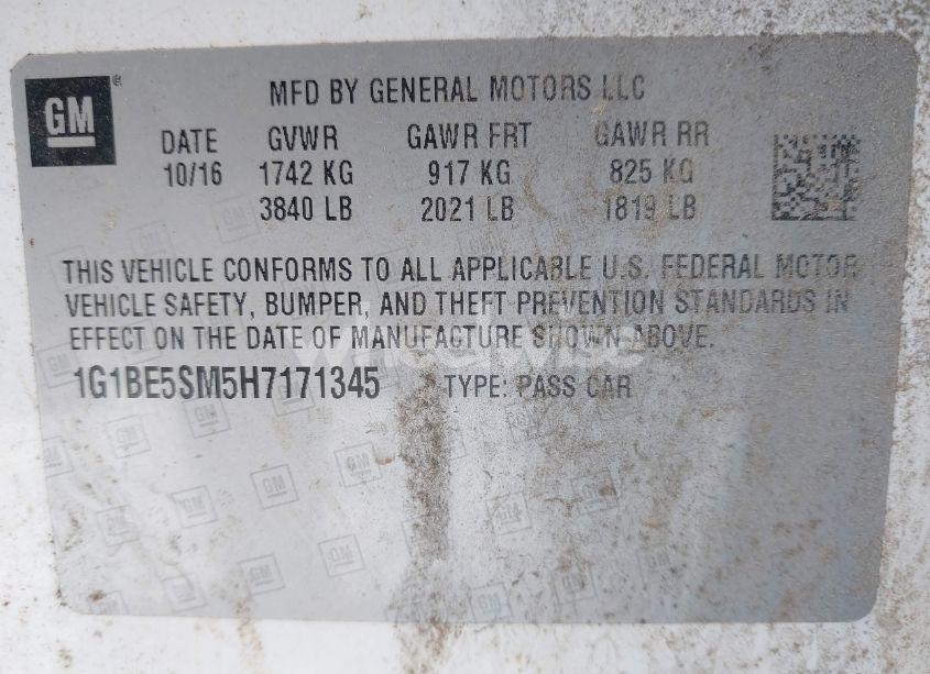 Photo 9 of 2017 Chevrolet Cruze LT AUTO (VIN 1G1BE5SM5H7171345)