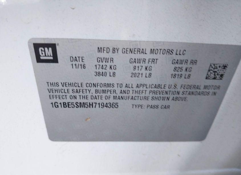 Photo 9 of 2017 Chevrolet Cruze LT AUTO (VIN 1G1BE5SM5H7194365)