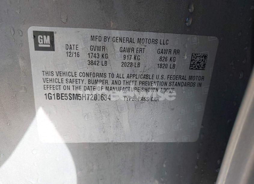 Photo 9 of 2017 Chevrolet Cruze LT AUTO (VIN 1G1BE5SM5H7200634)