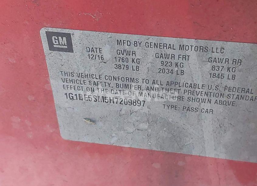 Photo 9 of 2017 Chevrolet Cruze LT AUTO (VIN 1G1BE5SM5H7209897)