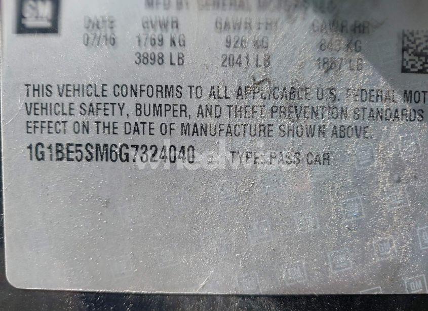 Photo 9 of 2016 Chevrolet Cruze LT AUTO (VIN 1G1BE5SM6G7324040)