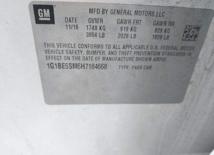 Photo 9 of 2017 Chevrolet Cruze LT AUTO (VIN 1G1BE5SM6H7184668)