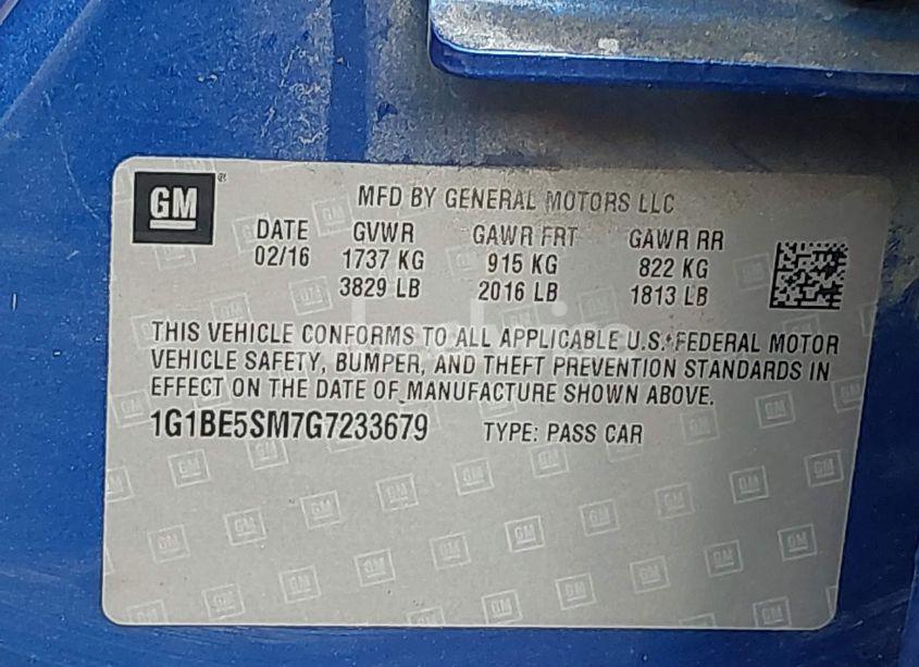 Photo 9 of 2016 Chevrolet Cruze LT AUTO (VIN 1G1BE5SM7G7233679)