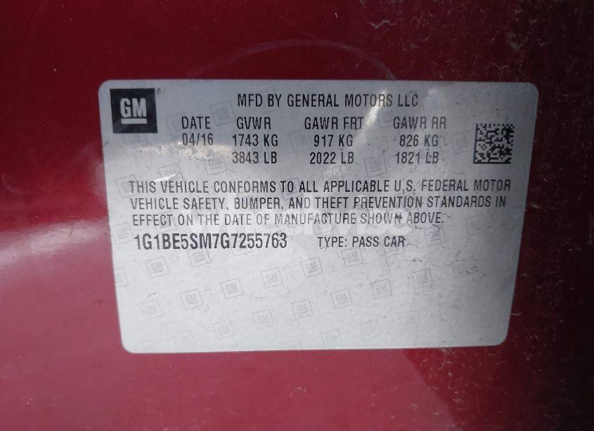 Photo 9 of 2016 Chevrolet Cruze LT AUTO (VIN 1G1BE5SM7G7255763)