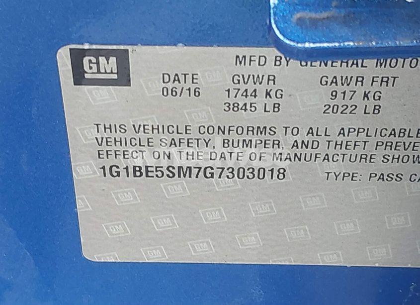 Photo 9 of 2016 Chevrolet Cruze LT AUTO (VIN 1G1BE5SM7G7303018)