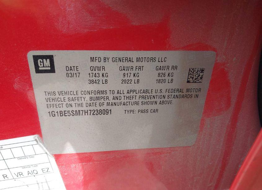 Photo 8 of 2017 Chevrolet Cruze LT AUTO (VIN 1G1BE5SM7H7238091)