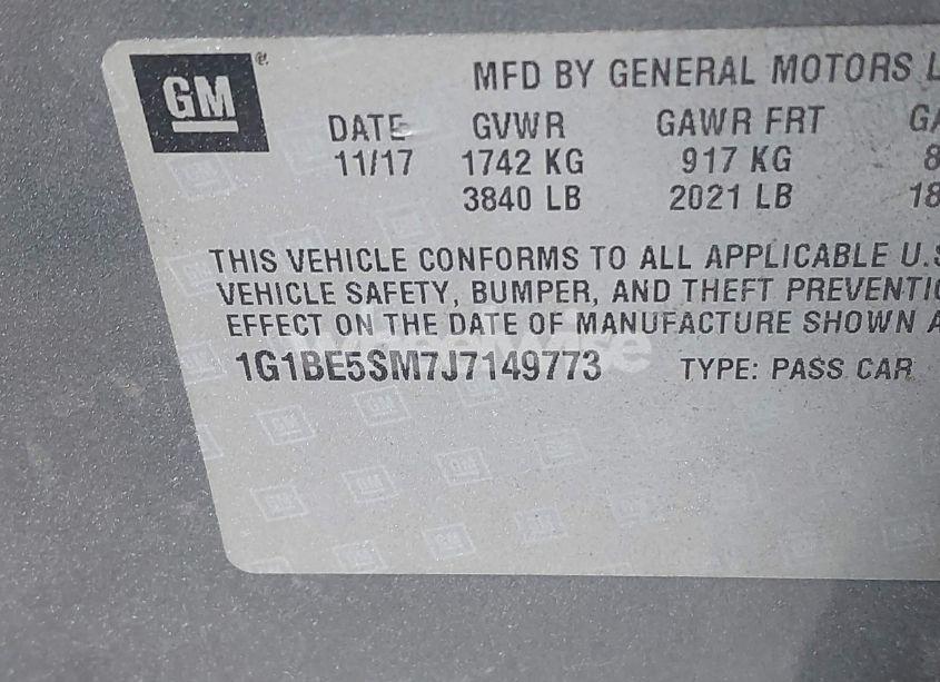 Photo 9 of 2018 Chevrolet Cruze LT AUTO (VIN 1G1BE5SM7J7149773)