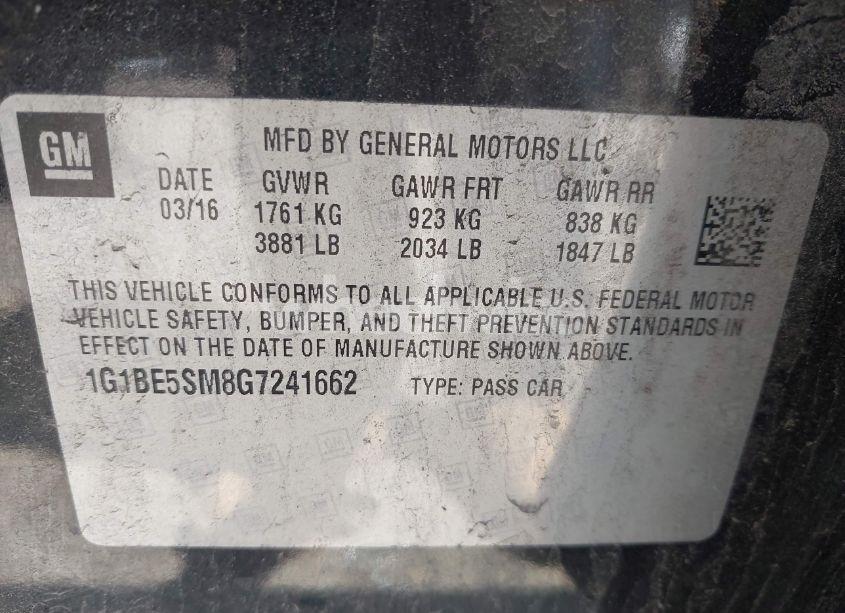 Photo 9 of 2016 Chevrolet Cruze LT AUTO (VIN 1G1BE5SM8G7241662)