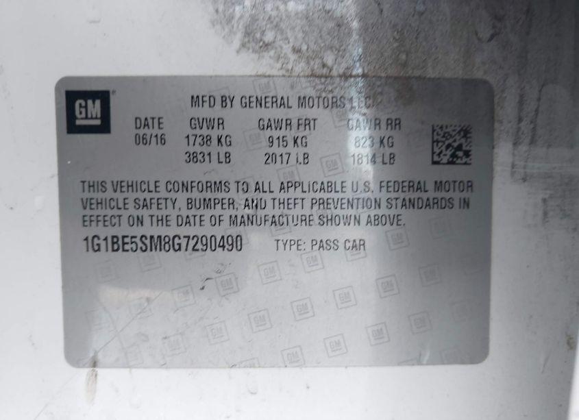 Photo 9 of 2016 Chevrolet Cruze LT AUTO (VIN 1G1BE5SM8G7290490)