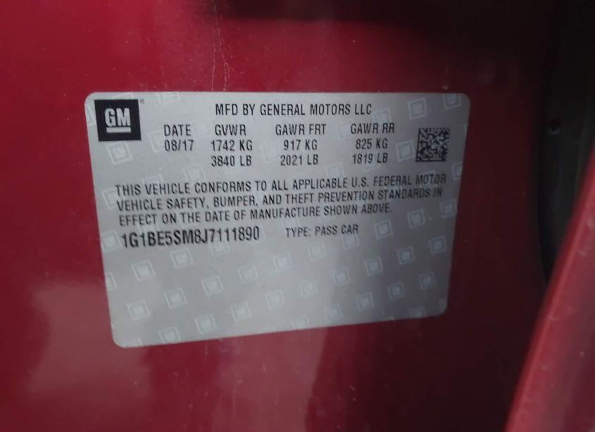 Photo 9 of 2018 Chevrolet Cruze LT AUTO (VIN 1G1BE5SM8J7111890)