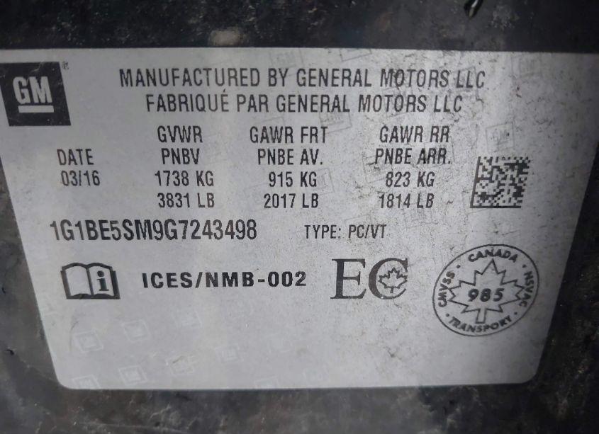 Photo 9 of 2016 Chevrolet Cruze LT AUTO (VIN 1G1BE5SM9G7243498)