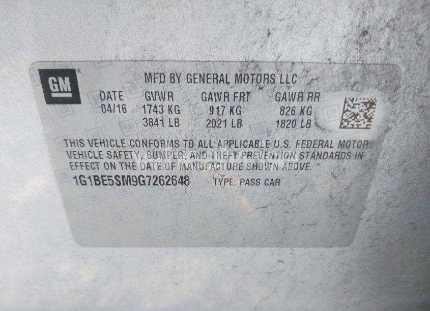 Photo 9 of 2016 Chevrolet Cruze LT AUTO (VIN 1G1BE5SM9G7262648)
