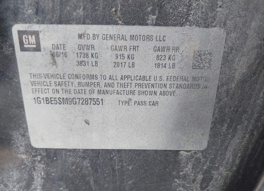 Photo 9 of 2016 Chevrolet Cruze LT AUTO (VIN 1G1BE5SM9G7287551)
