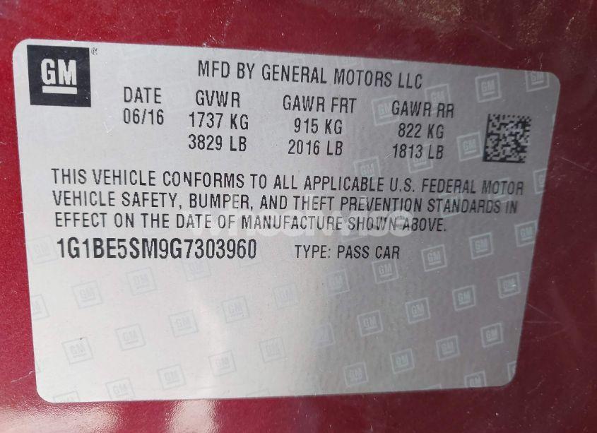 Photo 9 of 2016 Chevrolet Cruze LT AUTO (VIN 1G1BE5SM9G7303960)