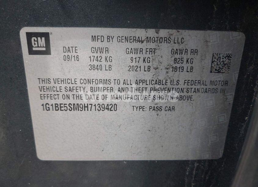 Photo 9 of 2017 Chevrolet Cruze LT AUTO (VIN 1G1BE5SM9H7139420)