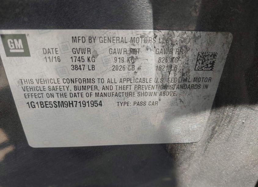 Photo 9 of 2017 Chevrolet Cruze LT AUTO (VIN 1G1BE5SM9H7191954)