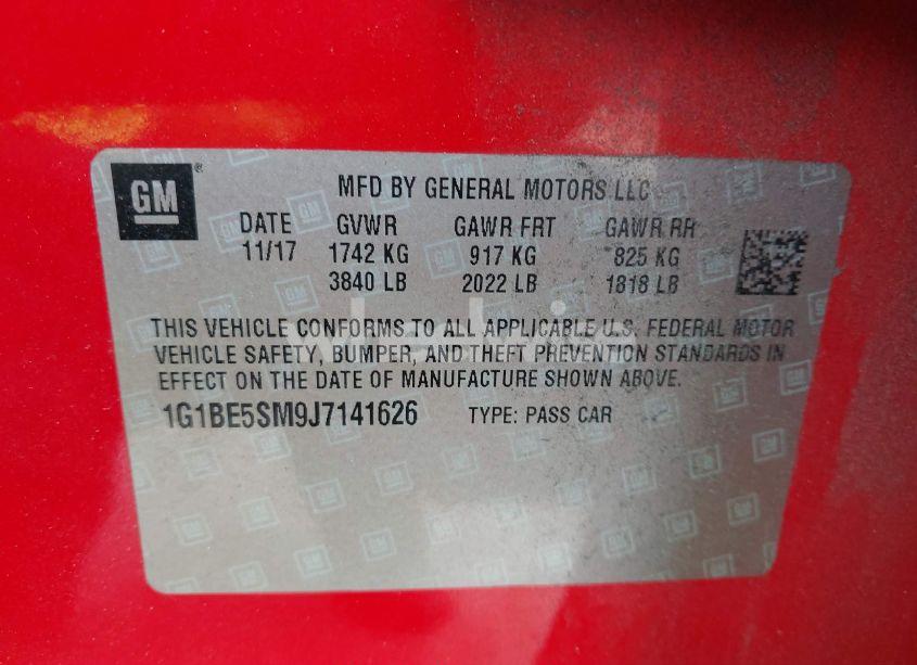 Photo 9 of 2018 Chevrolet Cruze LT AUTO (VIN 1G1BE5SM9J7141626)