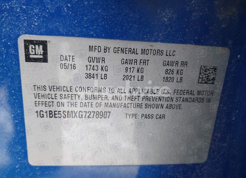 Photo 9 of 2016 Chevrolet Cruze LT AUTO (VIN 1G1BE5SMXG7278907)