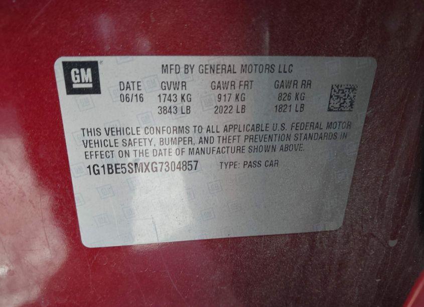 Photo 9 of 2016 Chevrolet Cruze LT AUTO (VIN 1G1BE5SMXG7304857)