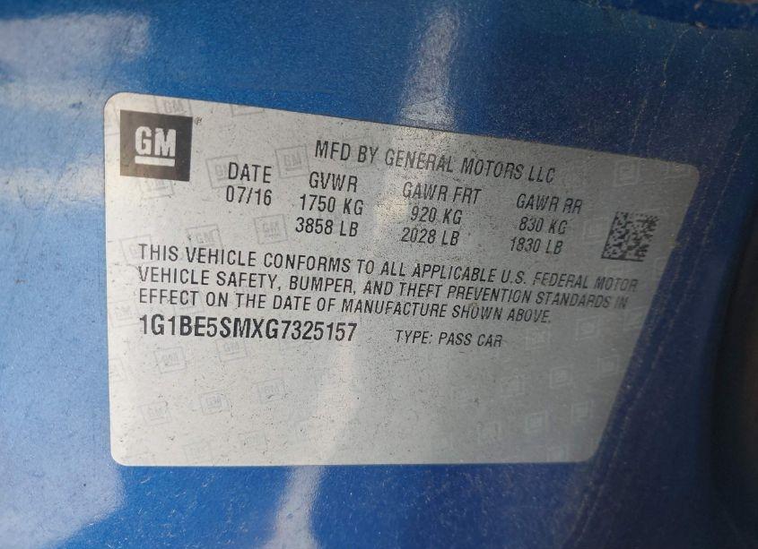 Photo 9 of 2016 Chevrolet Cruze LT AUTO (VIN 1G1BE5SMXG7325157)