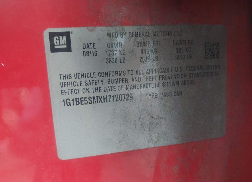 Photo 9 of 2017 Chevrolet Cruze LT AUTO (VIN 1G1BE5SMXH7120729)