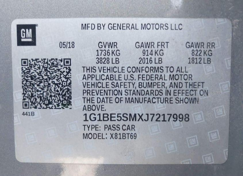 Photo 9 of 2018 Chevrolet Cruze LT AUTO (VIN 1G1BE5SMXJ7217998)