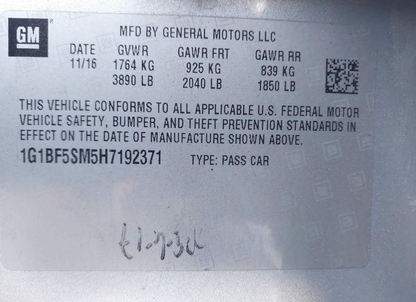 Photo 9 of 2017 Chevrolet Cruze PREMIER AUTO (VIN 1G1BF5SM5H7192371)