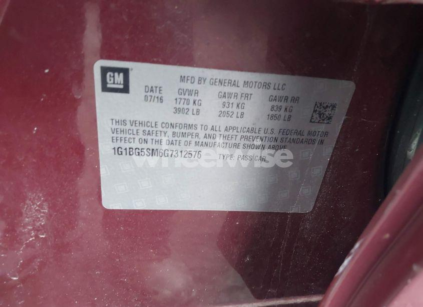 Photo 9 of 2016 Chevrolet Cruze PREMIER AUTO (VIN 1G1BG5SM6G7312576)