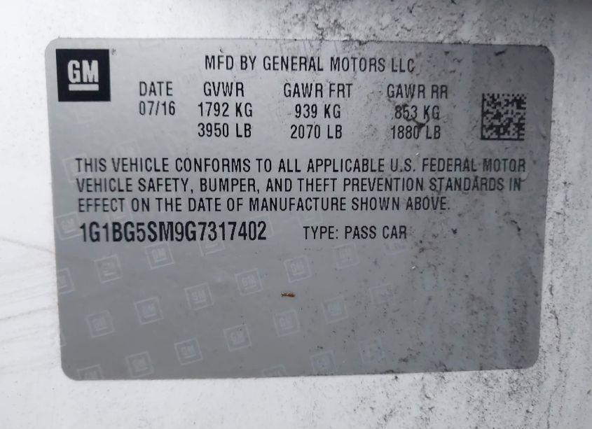 Photo 9 of 2016 Chevrolet Cruze PREMIER AUTO (VIN 1G1BG5SM9G7317402)