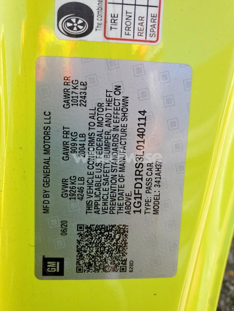 Photo 10 of 2020 CHEVROLET CAMARO LT (VIN 1G1FD1RS3L0140114)