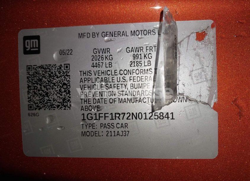 Photo 9 of 2022 Chevrolet Camaro RWD LT1 (VIN 1G1FF1R72N0125841)