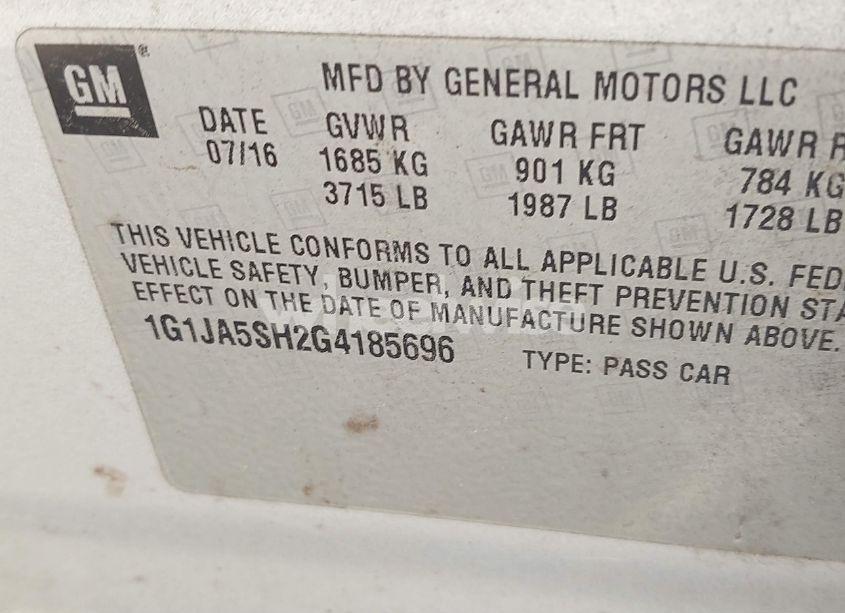 Photo 9 of 2016 Chevrolet Sonic LS AUTO (VIN 1G1JA5SH2G4185696)