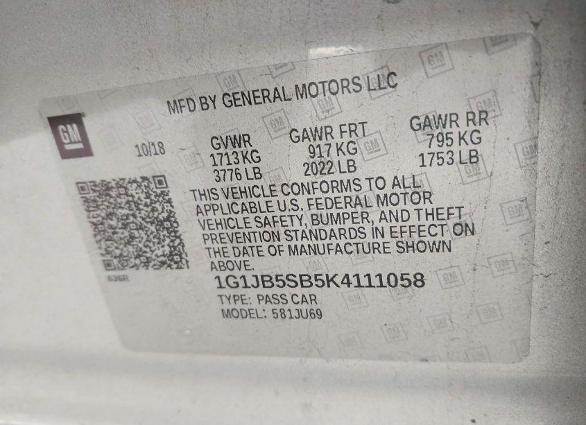 Photo 9 of 2019 Chevrolet Sonic LS AUTO (VIN 1G1JB5SB5K4111058)