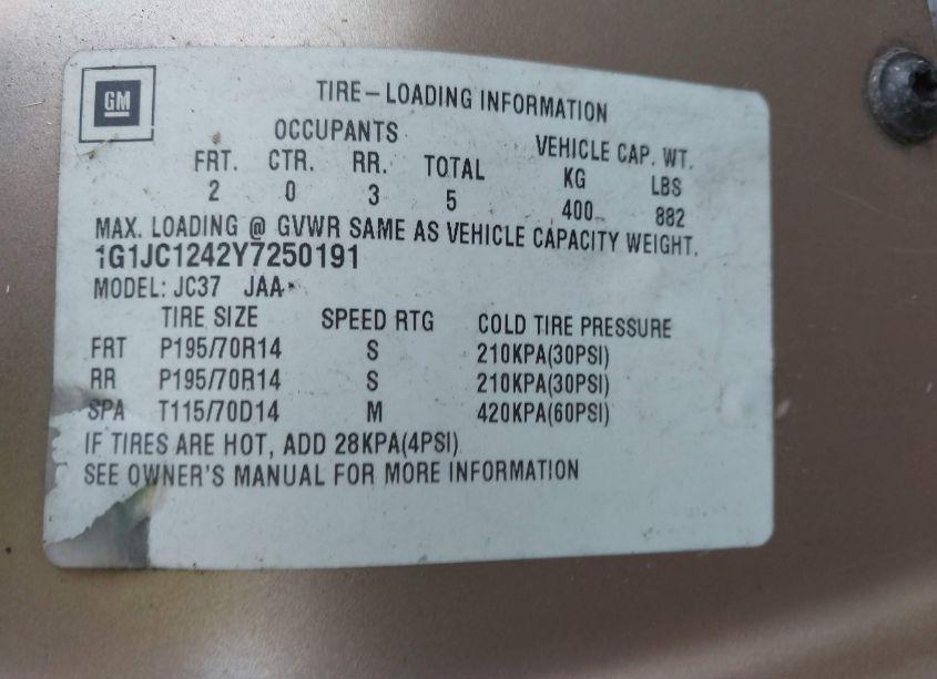 Photo 9 of 2000 Chevrolet Cavalier (VIN 1G1JC1242Y7250191)