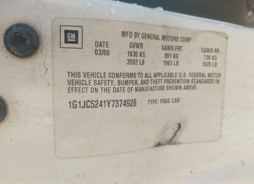 Photo 9 of 2000 Chevrolet Cavalier (VIN 1G1JC5241Y7374928)