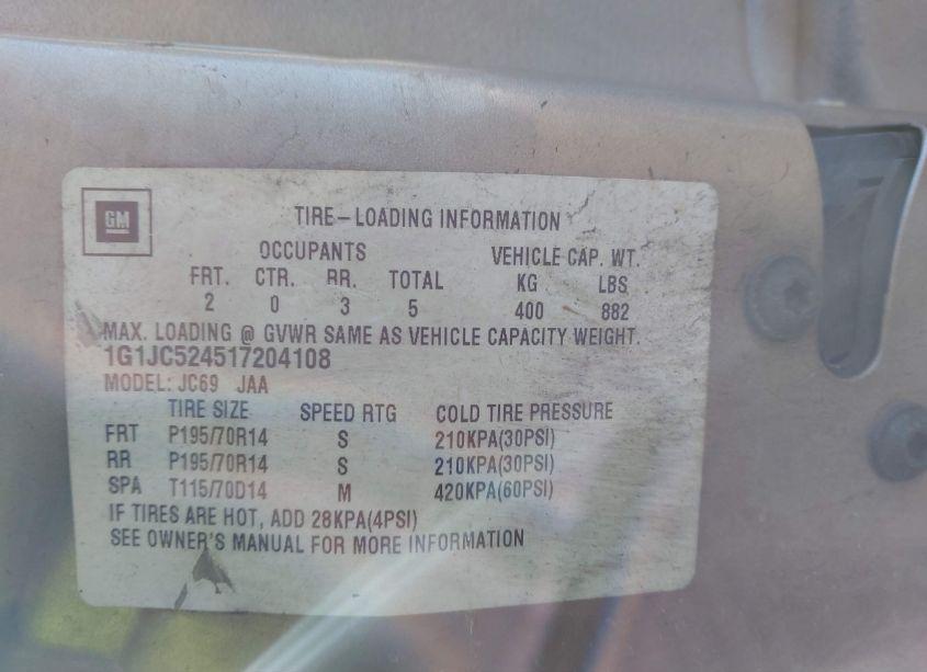 Photo 9 of 2001 Chevrolet Cavalier (VIN 1G1JC524517204108)