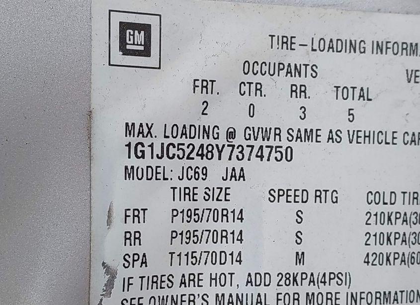 Photo 9 of 2000 Chevrolet Cavalier (VIN 1G1JC5248Y7374750)