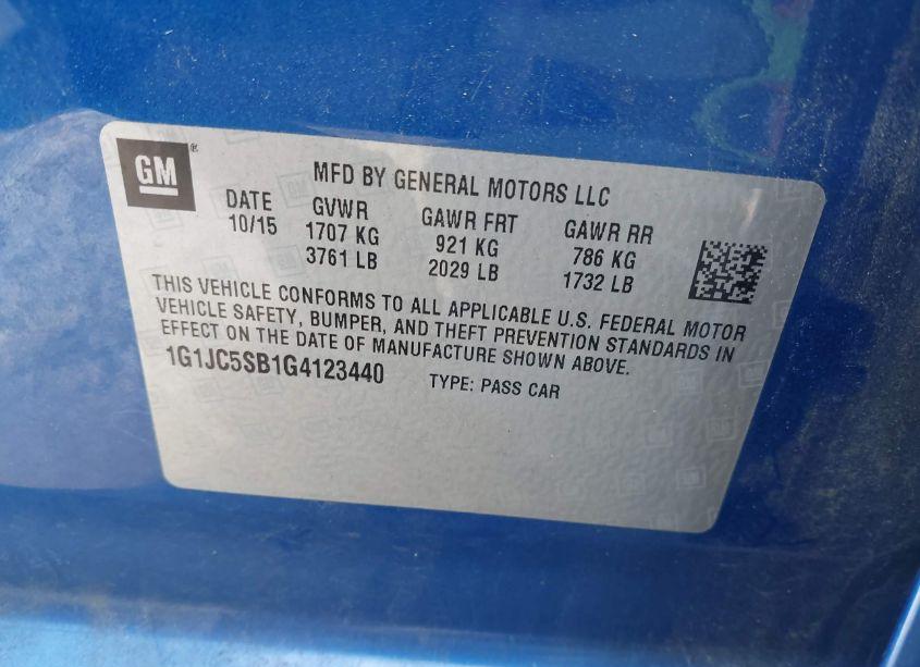 Photo 9 of 2016 Chevrolet Sonic LT AUTO (VIN 1G1JC5SB1G4123440)