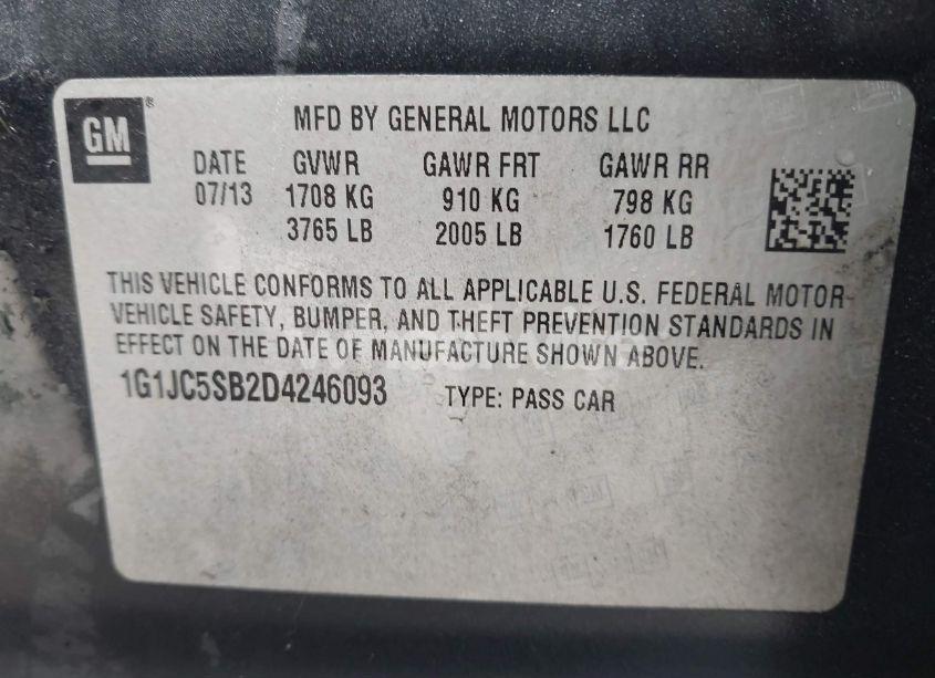 Photo 9 of 2013 Chevrolet Sonic LT AUTO (VIN 1G1JC5SB2D4246093)