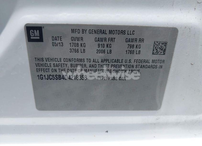 Photo 9 of 2013 Chevrolet Sonic LT AUTO (VIN 1G1JC5SB4D4218358)