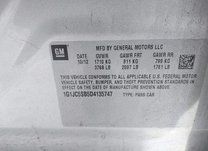 Photo 9 of 2013 Chevrolet Sonic LT AUTO (VIN 1G1JC5SB5D4135747)