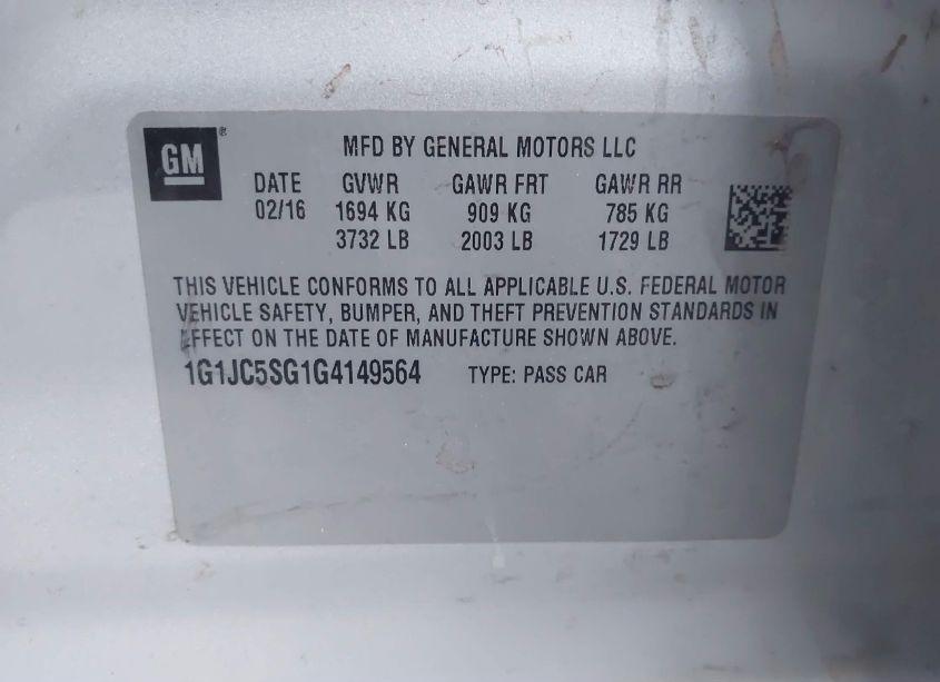 Photo 9 of 2016 Chevrolet Sonic LT AUTO (VIN 1G1JC5SG1G4149564)