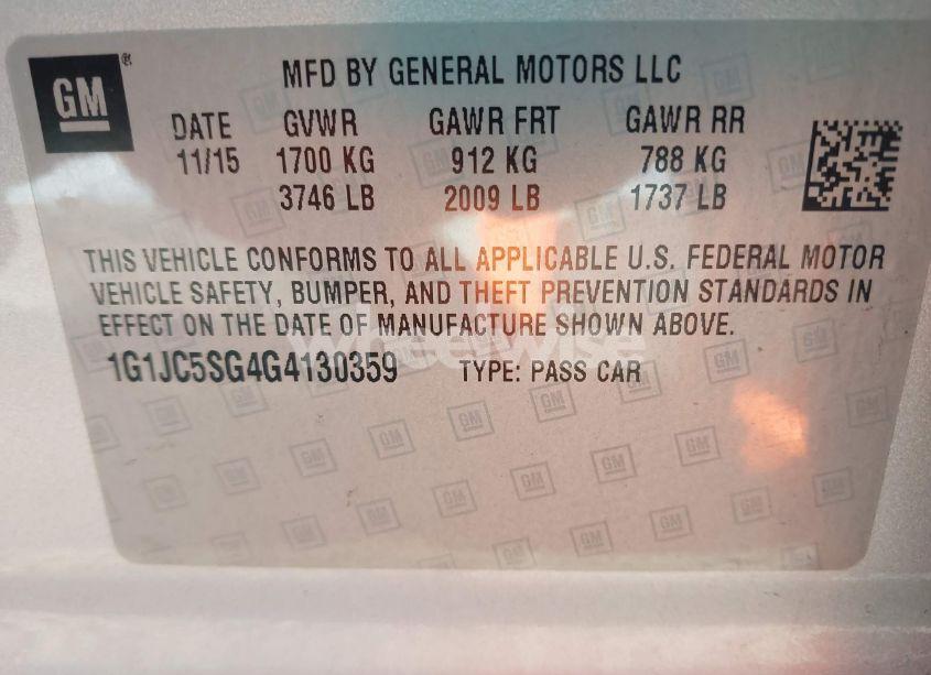 Photo 9 of 2016 Chevrolet Sonic LT AUTO (VIN 1G1JC5SG4G4130359)