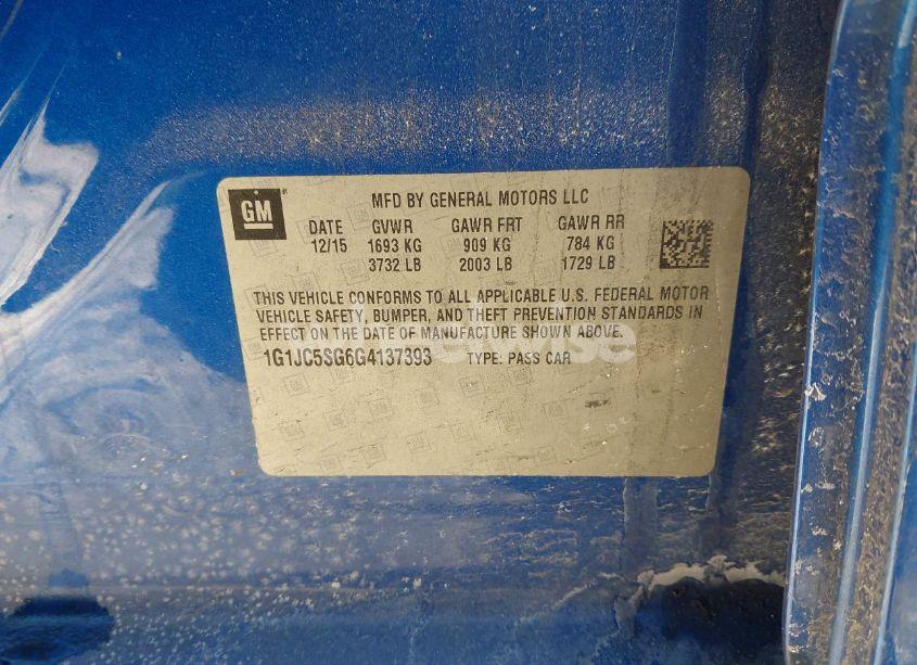 Photo 9 of 2016 Chevrolet Sonic LT AUTO (VIN 1G1JC5SG6G4137393)