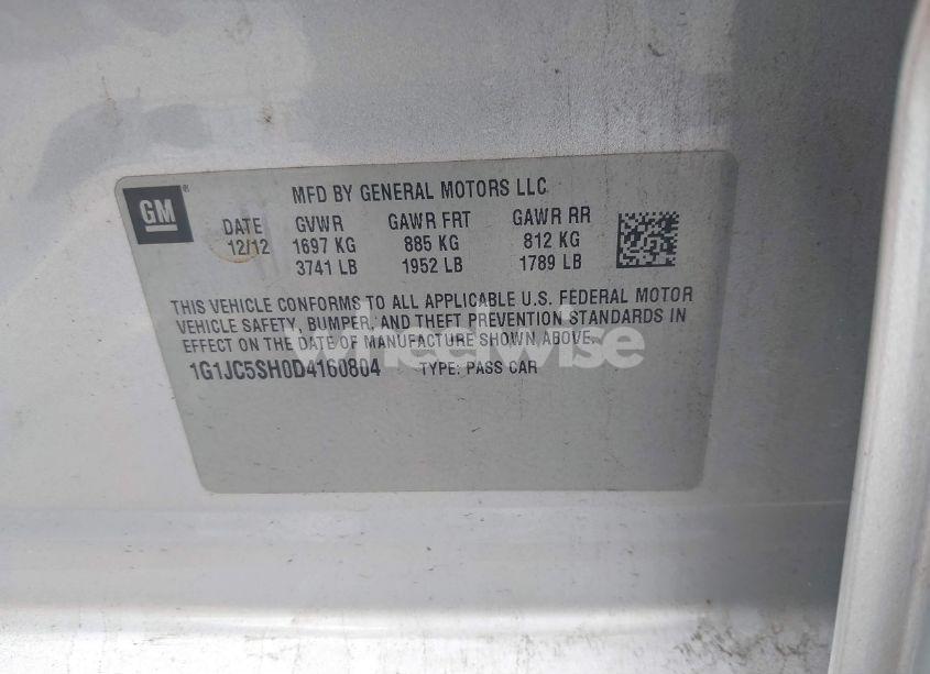 Photo 9 of 2013 Chevrolet Sonic LT AUTO (VIN 1G1JC5SH0D4160804)