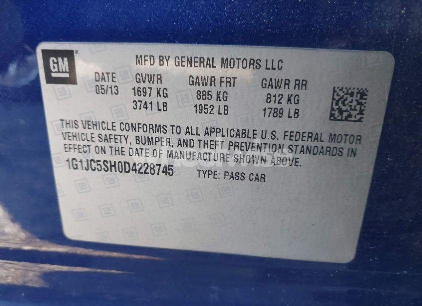 Photo 9 of 2013 Chevrolet Sonic LT AUTO (VIN 1G1JC5SH0D4228745)