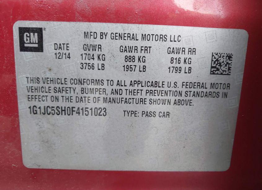 Photo 9 of 2015 Chevrolet Sonic LT AUTO (VIN 1G1JC5SH0F4151023)