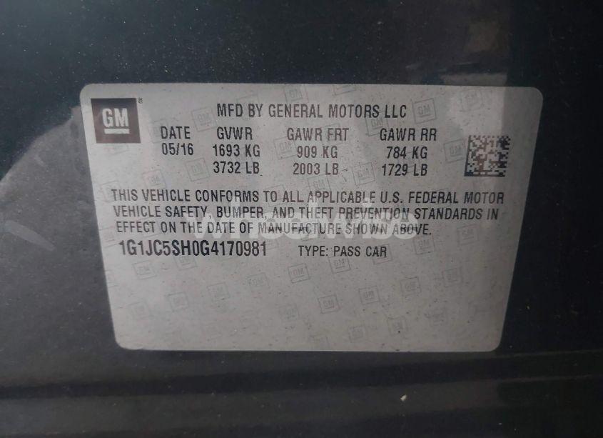 Photo 9 of 2016 Chevrolet Sonic LT AUTO (VIN 1G1JC5SH0G4170981)