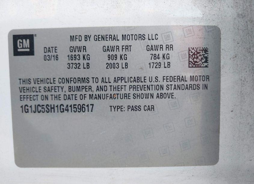 Photo 9 of 2016 Chevrolet Sonic LT AUTO (VIN 1G1JC5SH1G4159617)